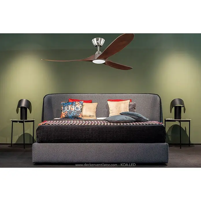 Vam Deckenventilator Energiespar Deckenventilator KOA LED Nickel 178 cm - Naturholz braun, 1.780 mm, 27 W - Moderner Deckenventilator mit dunklen Holzflügeln, gebürsteten Metallakzenten und integrierter LED-Beleuchtung.