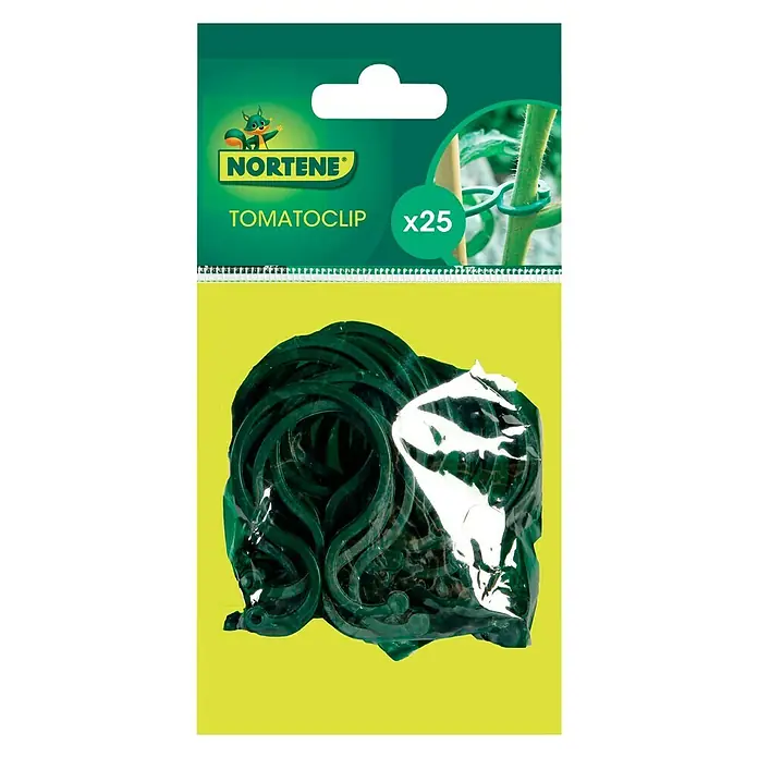 Nortene Clips Tomatoclips - 25 ud., Verde - Imagen de un paquete de clips para tomates Nortene, que contiene 25 clips verdes para sujetar las tomateras.