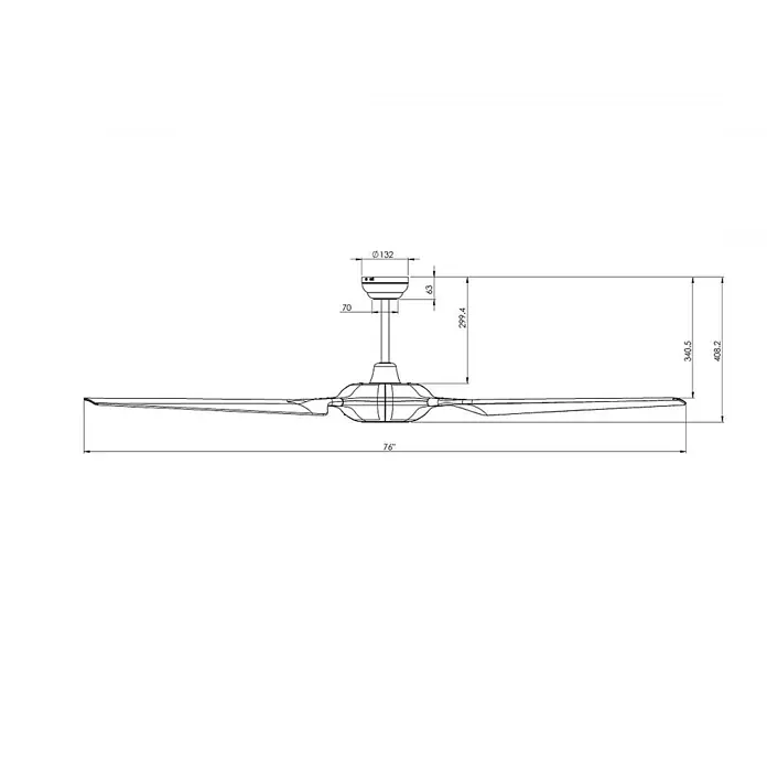 Vam Deckenventilator SPACE WI-FI schwarz 193 cm - schwarz, 1.930 mm, 45 W - Maßzeichnung eines dreiflügeligen Deckenventilators mit 76 Zoll Durchmesser.