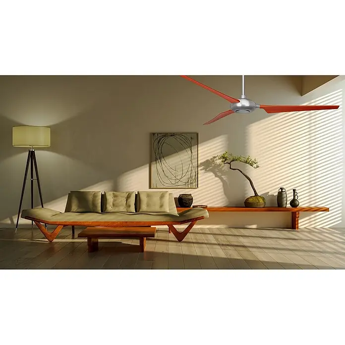 Vam Deckenventilator SPACE WI-FI Alu-Walnuss 193 cm - Alu-Walnuss, 1.930 mm, 45 W - Deckenventilator mit roten Flügeln und silbernem Motor, in einem modernen Wohnzimmer installiert.