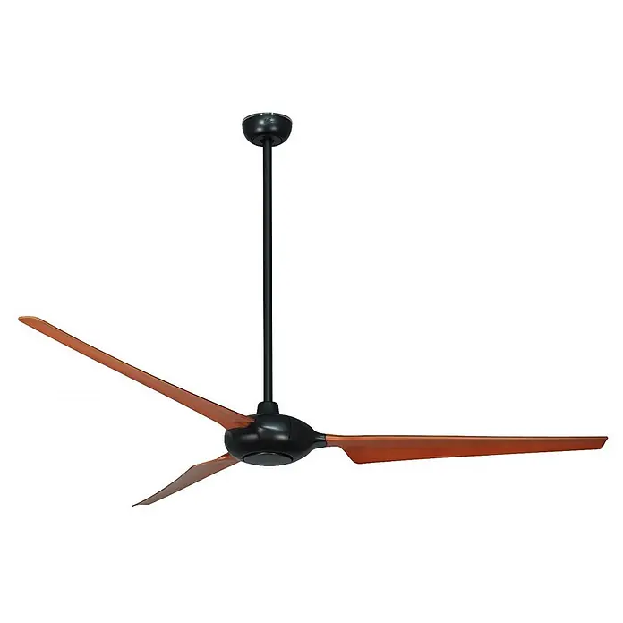 Vam Deckenventilator SPACE WI-FI schwarz-Walnuss 193 cm - schwarz-Walnuss, 1.930 mm, 45 W - Schwarzer Deckenventilator mit drei braunen Holzflügeln, aufgehängt an einer Stange.