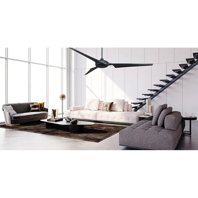 Vam Deckenventilator SPACE WI-FI schwarz 193 cm - schwarz, 1.930 mm, 45 W - Moderner schwarzer Deckenventilator mit drei Blättern, elegant in einem geräumigen, modernen Wohnzimmer installiert.