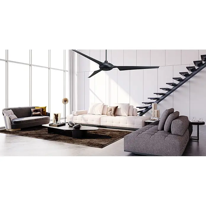 Vam Deckenventilator SPACE WI-FI schwarz 193 cm - schwarz, 1.930 mm, 45 W - Schwarzer dreiflügeliger Deckenventilator in einem modernen Wohnzimmer.