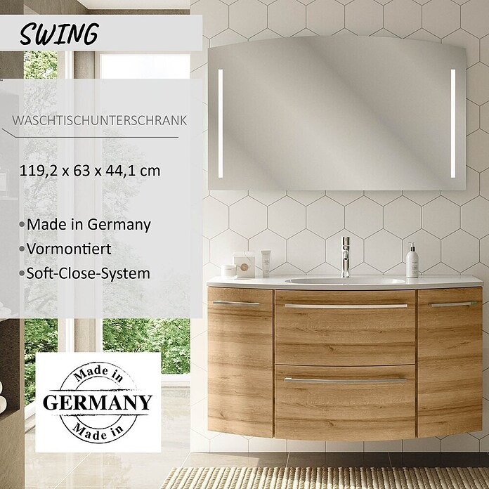 Camargue Swing Waschtischunterschrank (44 x 120 x 63 cm, Berg Eiche, Matt)