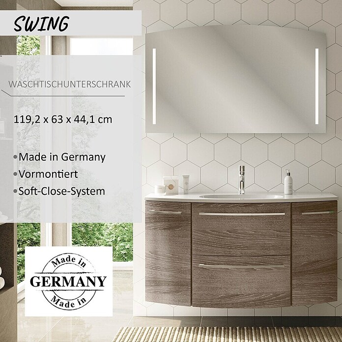 Camargue Swing Waschtischunterschrank (44 x 120 x 63 cm, Eiche Maron, Matt)