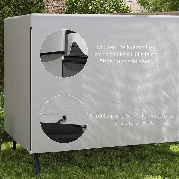 Outsunny Hollywoodschaukel-Schutzhülle - L x B x H: 215 x 155 x 150 cm, Polyethylen, 100 g/m², Hellgrau - Hellgraue Outdoor-Möbelabdeckung mit Reißverschluss für einfachen Zugang und Kordelzug mit Schnalle für sicheren Halt.