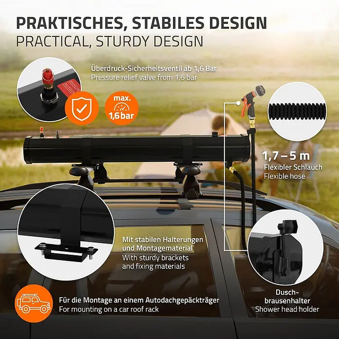 ML-Design Solardusche - Höhe: 14 cm, Kunststoff, Schwarz, 20 l - Schwarzer tragbarer Wassertank auf Autodachgepäckträger, mit flexiblem Brauseschlauch und Überdruckventil.