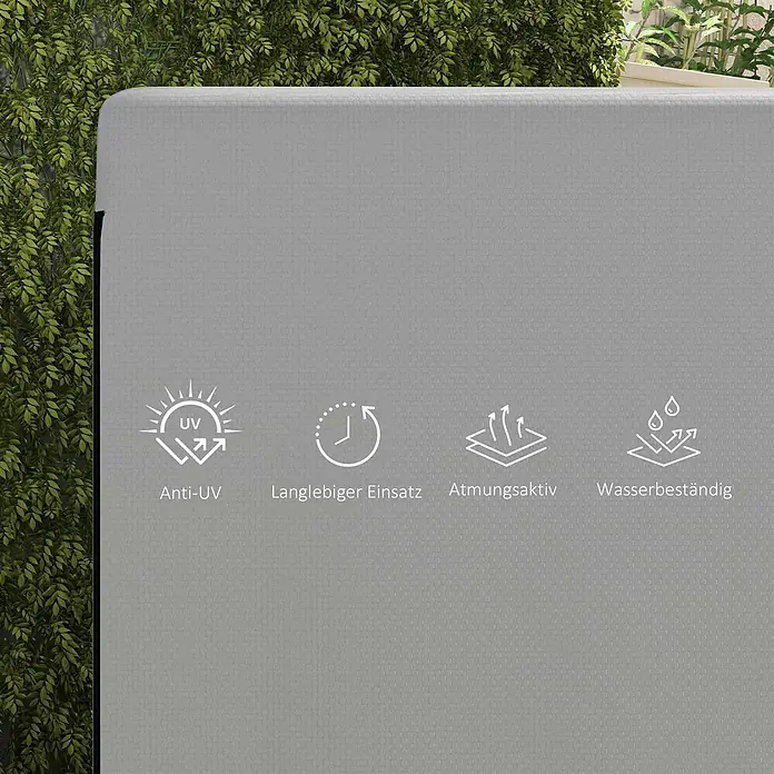 Outsunny Hollywoodschaukel-Schutzhülle - L x B x H: 215 x 155 x 150 cm, Polyethylen, 100 g/m², Hellgrau - Graue, texturierte Abdeckung mit Symbolen und Text, die UV-Beständigkeit, Langlebigkeit, Atmungsaktivität und Wasserbeständigkeit hervorheben.