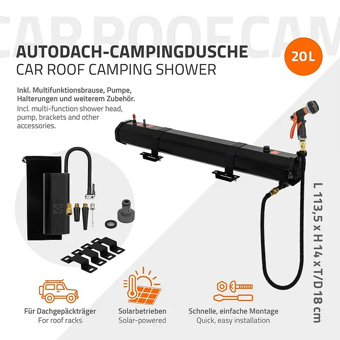 ML-Design Solardusche - Höhe: 14 cm, Kunststoff, Schwarz, 20 l - Schwarze 20L Autodach-Campingdusche mit Duschkopf, Pumpe und Halterungen für Dachträger, solarbetrieben.