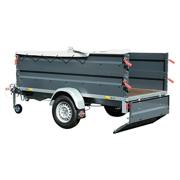 Stema Anhänger Basic ST 1300-25-13.1 - Nutzlast: 982 kg, Einachser, Kasteninnenmaß: 251 x 128 x 35 cm, Gebremst - Der Stema Anhänger mit Plane und Kippfunktion ist ideal für Transporte. Vielseitig und robust für verschiedene Aufgaben.