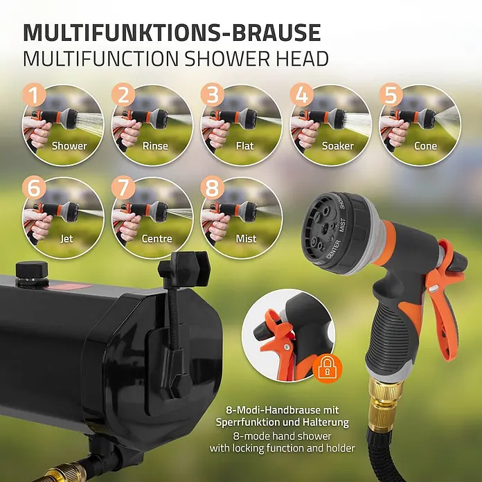 ML-Design Solardusche - Höhe: 14 cm, Kunststoff, Schwarz, 20 l - Schwarze und orange Multifunktions-Brause mit 8 Sprühmodi, Sperrfunktion und Halterung, an Schlauchsystem angeschlossen.