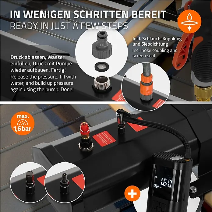 ML-Design Solardusche - Höhe: 14 cm, Kunststoff, Schwarz, 20 l - Schwarze Druckpumpe mit Digitalanzeige (max. 1,6 bar), Schlauchkupplung und Sicherheitsventil, schnell einsatzbereit.