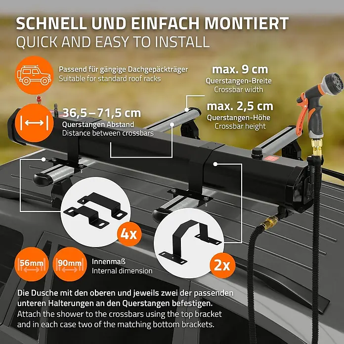 ML-Design Solardusche - Höhe: 14 cm, Kunststoff, Schwarz, 20 l - Schwarzes Auto-Dachbrause-System auf Dachträgern montiert, zeigt Befestigungswinkel und Kompatibilitätsmaße.