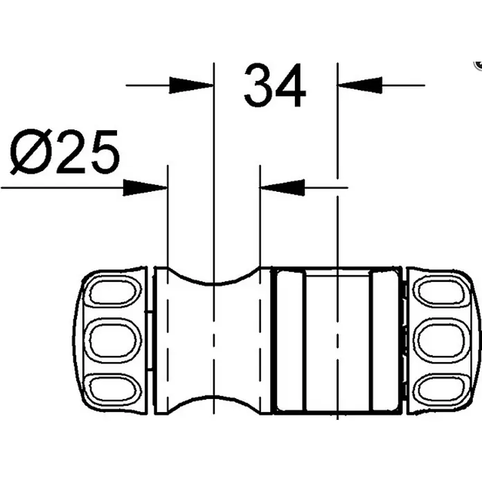 Grohe Brausegarnitur -  - Technische Zeichnung eines zylindrischen Verbindungsstücks mit gerippten Enden, Durchmesser 25mm, Länge 34mm.