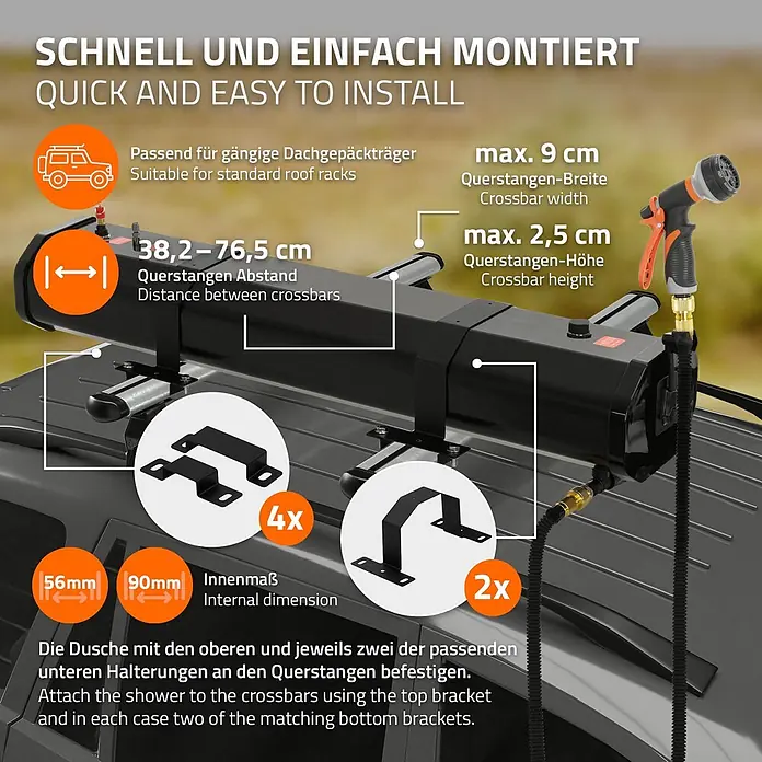 ML-Design Solardusche - Höhe: 17,5 cm, Kunststoff, Schwarz, 30 l - Schwarzes Autodach-Duschsystem mit orangefarbener Düse, auf Dachträger montiert, zeigt Befestigung und Maße für die Installation.