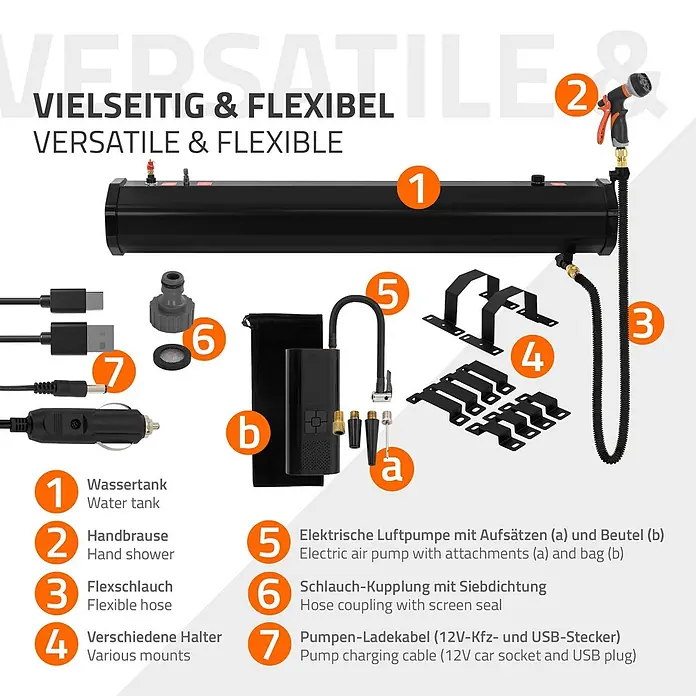 ML-Design Solardusche - Höhe: 17,5 cm, Kunststoff, Schwarz, 30 l - Schwarzes tragbares Wassertanksystem mit Dusche, flexiblem Schlauch, Montageteilen, elektrischer Luftpumpe, Schlauchkupplung und Ladekabel.
