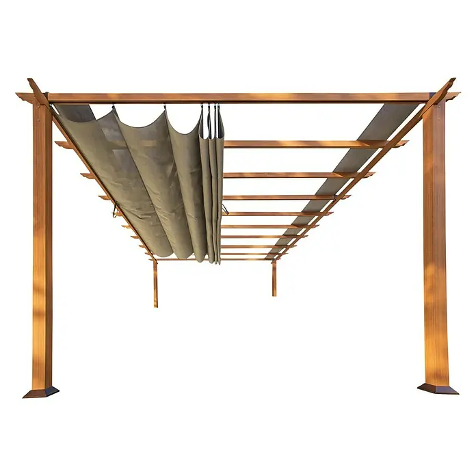 Paragon Outdoor Raffpavillon Florenz - B x T: 505 x 350 cm, Farbe Dach: Braun, Farbe Gestell: Braun - Diese Aufnahme zeigt eine Pergola mit beiger, geraffter Beschattung, die ideal für sonnige Gärten ist. Sie spendet Schatten und ist ein Hingucker.