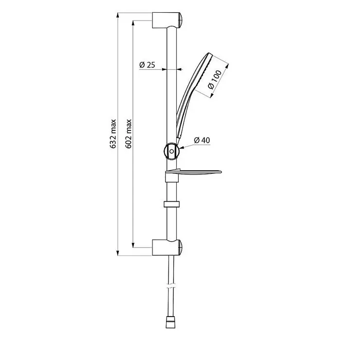 Delabie Brausegarnitur Delabie Brausegarnitur Monostrahl mit Brausestange D25mm -  - Duschstange mit Handbrause, verstellbarer Halterung und Ablage, technische Zeichnung mit Maßen.