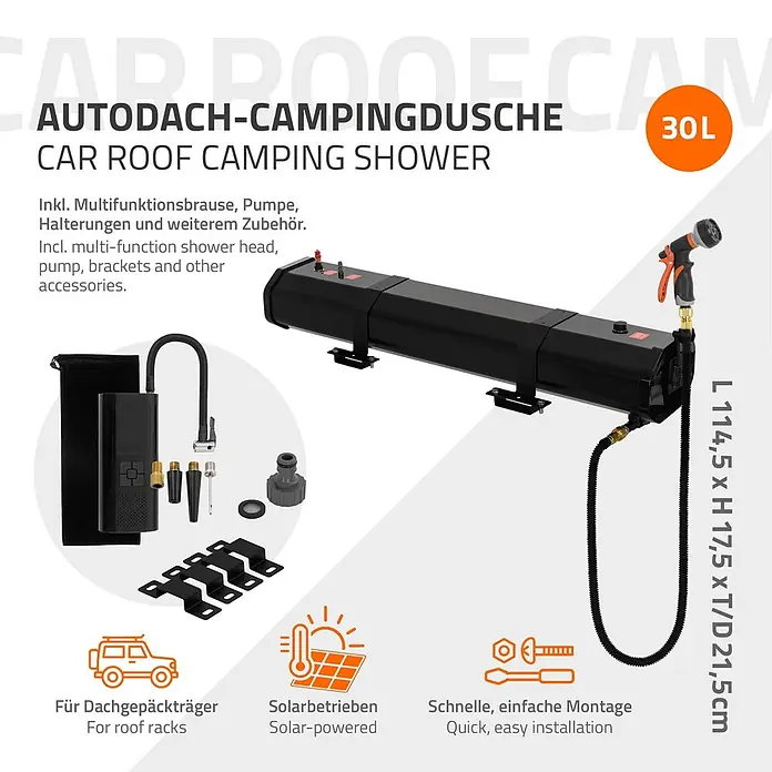 ML-Design Solardusche - Höhe: 17,5 cm, Kunststoff, Schwarz, 30 l - Schwarze 30L Autodach-Campingdusche mit Multifunktionsbrause, Pumpe und Halterungen. Solarbetrieben, für Dachgepäckträger.