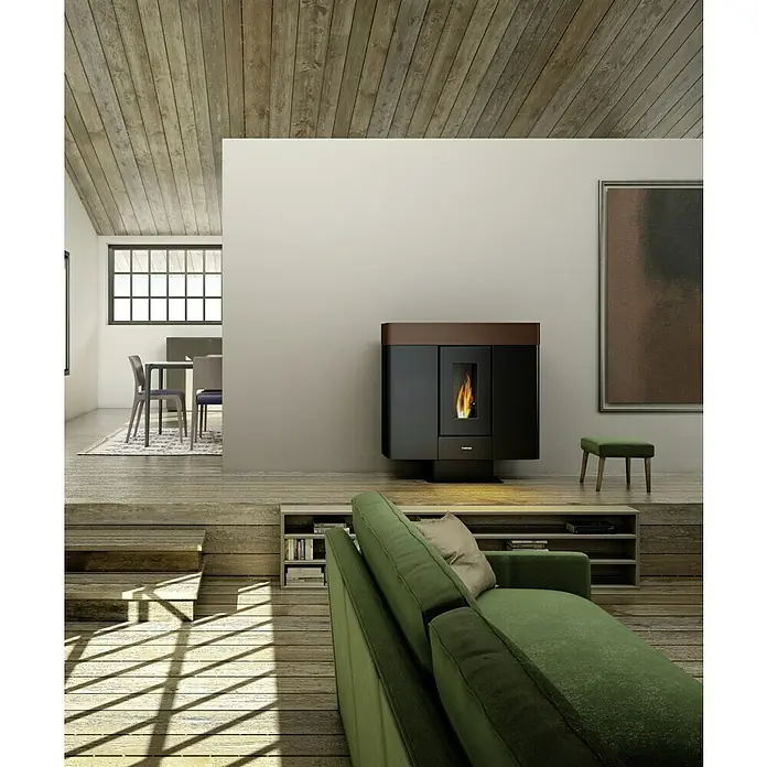 FreePoint Pelletofen Moon Airtight - 10 kW, Raumheizvermögen: 240 m³, 0,66 kg/h - 2,24 kg/h, Schwarz/Mokka - Modernes Wohnzimmer mit einem Kaminofen in Schwarz und Braun, der Wärme und Stil in den Raum bringt.