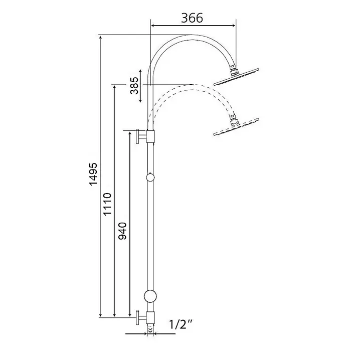 Beitz & Walz Brausegarnitur Beitz & Walz AQVASHOWER Standbrausegarnitur-Set - Chrom - Duschsystem mit vertikaler Steigstange und gewölbtem Arm zu einer Kopfbrause. Zeigt Abmessungen für Höhe, Ausladung und 1/2" Anschluss.