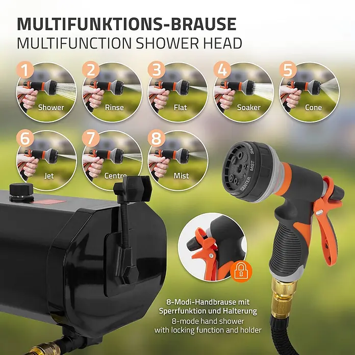 ML-Design Solardusche - Höhe: 17,5 cm, Kunststoff, Schwarz, 30 l - Schwarzer und oranger Multifunktions-Brausekopf zeigt 8 Sprühmodi (Brause, Spülen, Flach, Einweichen, Kegel, Strahl, Mitte, Nebel) mit Verriegelung.