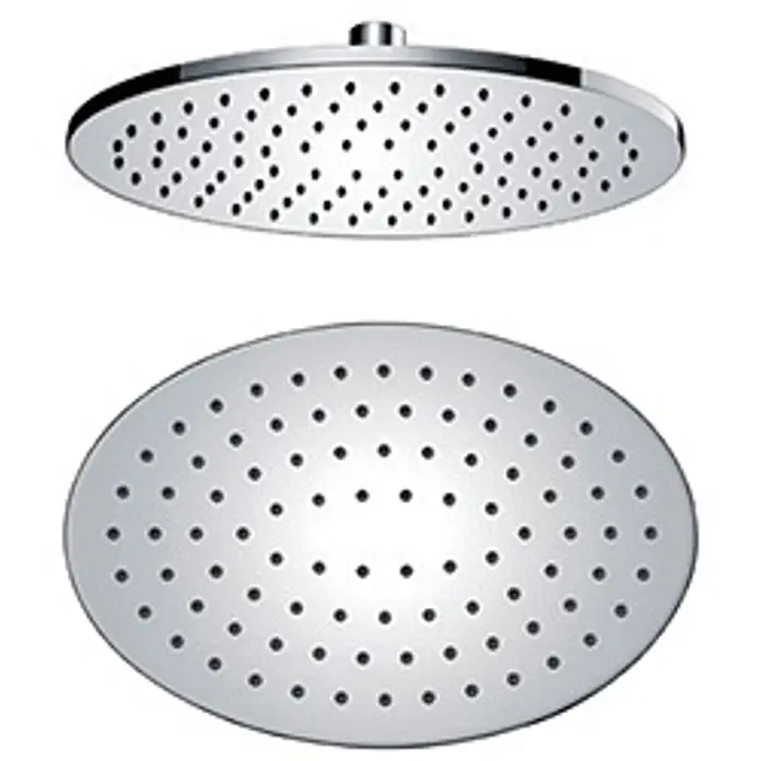 Beitz & Walz Brausegarnitur Beitz & Walz AQVADESIGN Kopfbrause 250 mm oval, chrom - Chrom - Ovaler silberner Chrom-Regenduschkopf mit mehreren Düsen, von der Seite und unten gezeigt.
