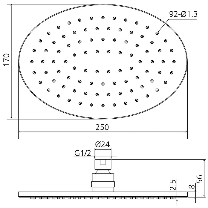 Beitz & Walz Brausegarnitur Beitz & Walz AQVADESIGN Kopfbrause 250 mm oval, chrom - Chrom - Ovaler Duschkopf (250x170mm) mit 92 Düsen und G1/2-Anschluss.