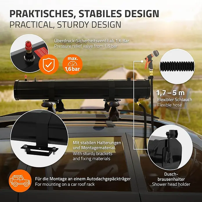 ML-Design Solardusche - Höhe: 17,5 cm, Kunststoff, Schwarz, 30 l - Schwarzes zylindrisches Auto-Dachbrausensystem auf Dachträger montiert, mit Schlauch, Duschkopf und Funktionshinweisen.