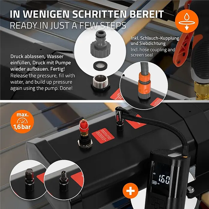 ML-Design Solardusche - Höhe: 17,5 cm, Kunststoff, Schwarz, 30 l - Schwarzer tragbarer Druckreiniger mit digitaler Pumpe, Schlauchanschlüssen und Sicherheitshinweisen zum Befüllen und Druckaufbau bis 1,6 bar.