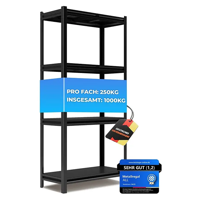 Allshelf Metallregal - H x B x T: 180 x 90 x 40 cm, Traglast pro Boden: 250 kg, Anzahl Böden: 4 Stk., Stecken, Schwarz - Schwarzes Metall-Schwerlastregal mit 1000kg Gesamtkapazität, 250kg pro Fach.