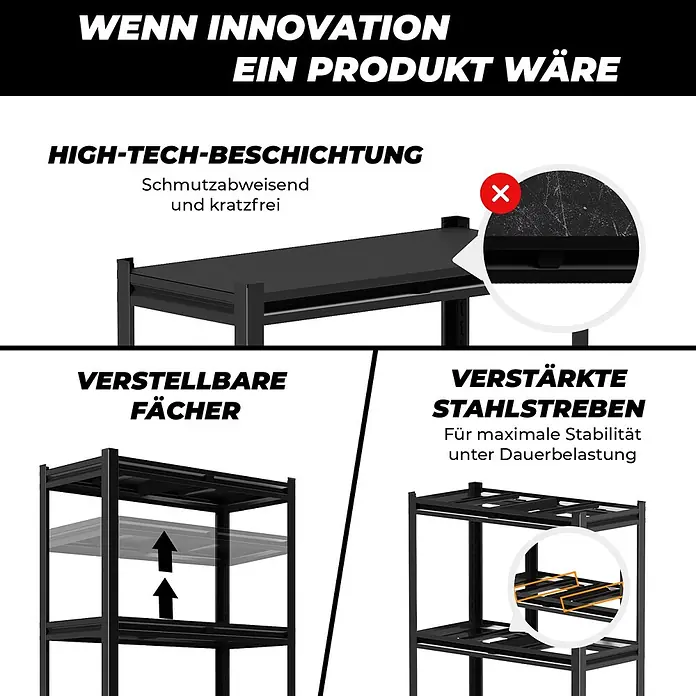 Allshelf Metallregal - H x B x T: 150 x 75 x 30 cm, Traglast pro Boden: 250 kg, Anzahl Böden: 4 Stk., Stecken, Schwarz - Schwarzes Metallregal mit verstellbaren Fächern, verstärkten Stahlstreben und hochmoderner, kratzfester Beschichtung für Stabilität.