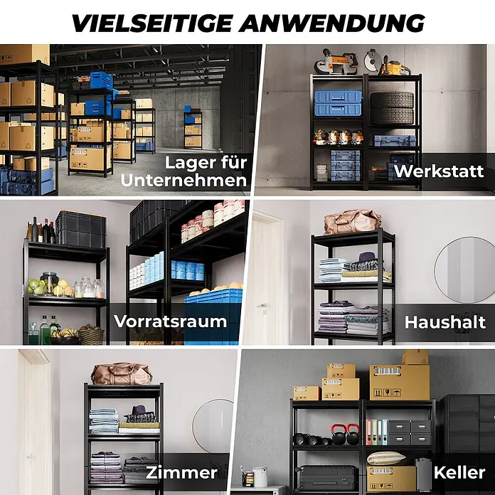 Allshelf Metallregal - H x B x T: 180 x 90 x 40 cm, Traglast pro Boden: 250 kg, Anzahl Böden: 4 Stk., Stecken, Schwarz - Schwarzes Metallregal, das vielseitigen Stauraum in Industrie, Werkstatt, Speisekammer, Haushalt und Keller zeigt.