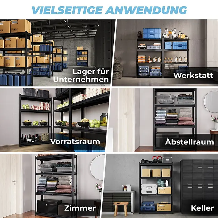 Allshelf Metallregal - H x B x T: 180 x 120 x 40 cm, Traglast pro Boden: 250 kg, Anzahl Böden: 4 Stk., Stecken, Schwarz - Schwarzes Metallregal für vielseitige Anwendungen in Lager, Werkstatt, Vorratsraum, Abstellraum, Zimmer und Keller.