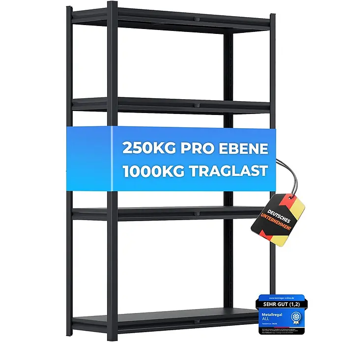 Allshelf Metallregal - H x B x T: 180 x 120 x 40 cm, Traglast pro Boden: 250 kg, Anzahl Böden: 4 Stk., Stecken, Schwarz - Schwarzes Metallregal mit vier Ebenen, 250 kg Traglast pro Ebene, insgesamt 1000 kg.