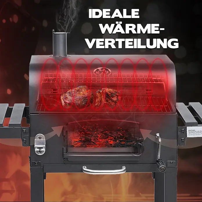 TAINO Holzkohlegrill HERO XL - Schwarz - Dunkelgrauer Barbecue-Smoker mit glühenden roten Linien, die ideale Wärmeverteilung zeigen, und zwei Fleischstücken auf dem Grill, Rauch steigt aus dem Kamin.