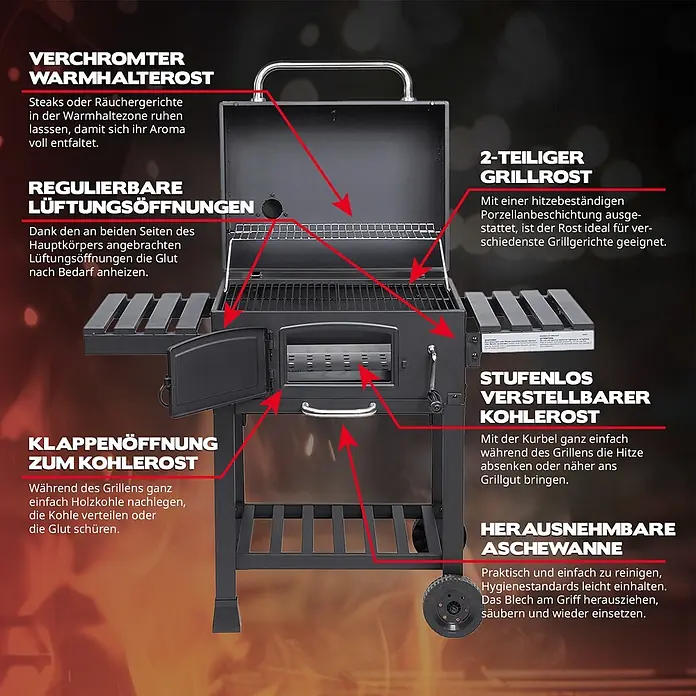 TAINO Holzkohlegrill HERO XL - Schwarz - Schwarzer Holzkohlegrill mit verstellbaren Funktionen wie Warmhalterost, Grillrosten und höhenverstellbarem Kohlerost.