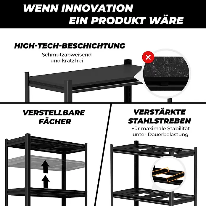 Allshelf Metallregal - H x B x T: 200 x 100 x 50 cm, Traglast pro Boden: 250 kg, Anzahl Böden: 4 Stk., Stecken, Schwarz - Schwarzes Metallregal mit kratzfester Beschichtung, verstellbaren Böden und verstärkten Stahlstreben für Stabilität.