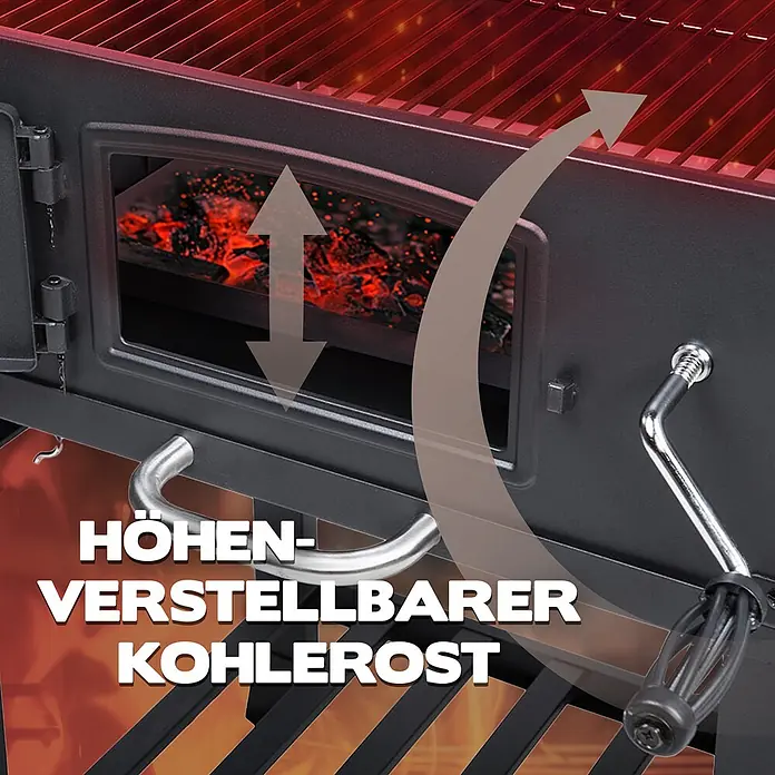 TAINO Holzkohlegrill HERO XL - Schwarz - Schwarzer Metallgrill mit höhenverstellbarem Kohlerost und glühenden Kohlen.