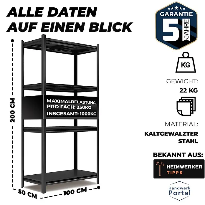 Allshelf Metallregal - H x B x T: 200 x 100 x 50 cm, Traglast pro Boden: 250 kg, Anzahl Böden: 4 Stk., Stecken, Schwarz - Schwarzes Metallregal, 200x100x50 cm, 5 Böden, max. 250kg/Boden, 1000kg gesamt.
