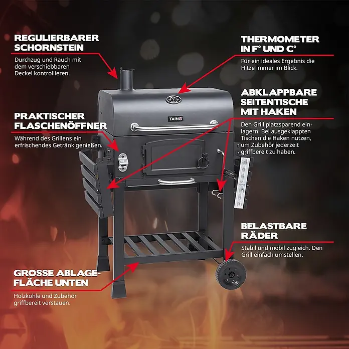 TAINO Holzkohlegrill HERO XL - Schwarz - Schwarzer Holzkohlegrill aus Metall mit Schornstein, Thermometer, Flaschenöffner, Seitenablagen, Bodenregal und Rädern.