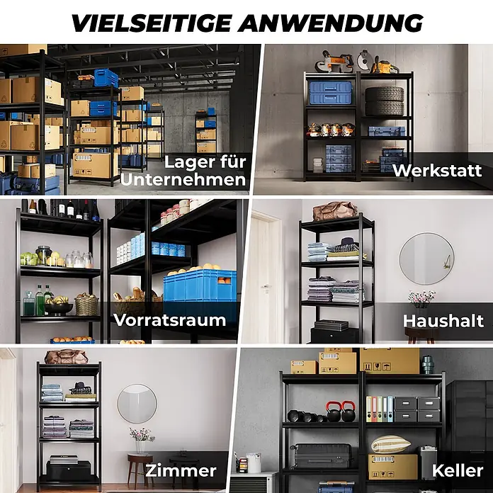 Allshelf Metallregal - H x B x T: 200 x 100 x 50 cm, Traglast pro Boden: 250 kg, Anzahl Böden: 4 Stk., Stecken, Schwarz - Vielseitiges schwarzes Metallregal, gezeigt in verschiedenen Lagerumgebungen wie Lagerhalle, Werkstatt und Zuhause.