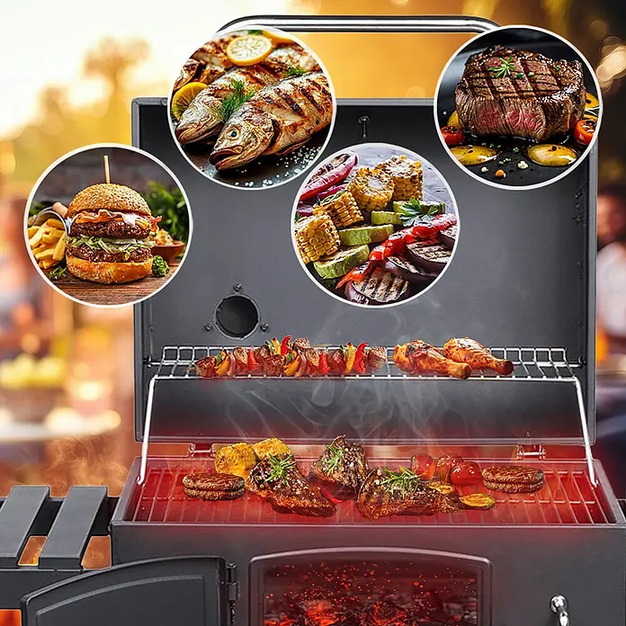 TAINO Holzkohlegrill HERO XL - Schwarz - Dunkler Metall-Grill, auf dem verschiedene Speisen wie Fleisch und Gemüse aktiv garen. Zeigt Einsätze mit gegrilltem Fisch, Steak und Burgern.