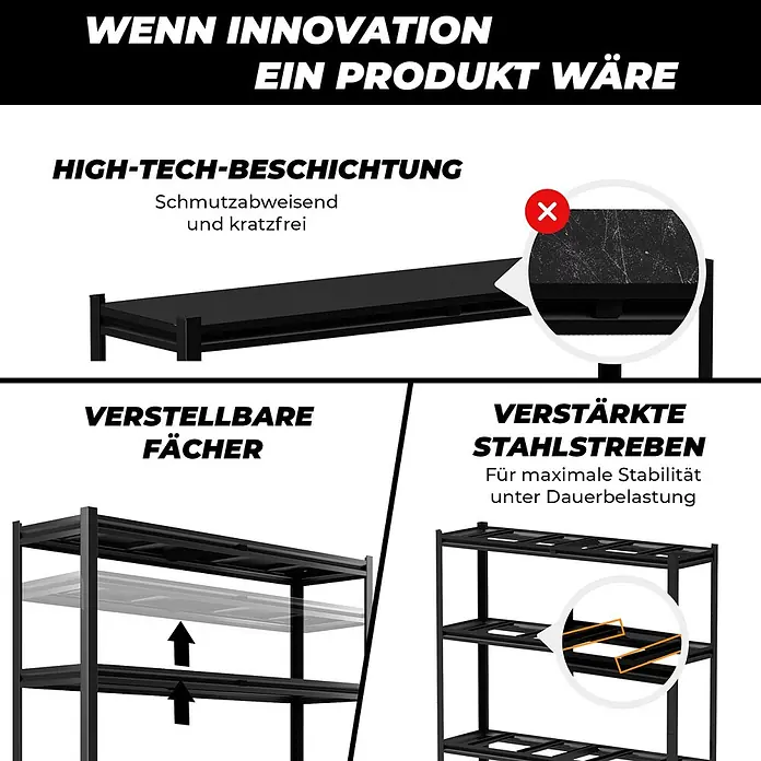 Allshelf Metallregal - H x B x T: 180 x 120 x 40 cm, Traglast pro Boden: 250 kg, Anzahl Böden: 4 Stk., Stecken, Schwarz - Schwarzes Metallregal mit verstellbaren Böden, verstärkten Stahlstreben und kratzfester Beschichtung.
