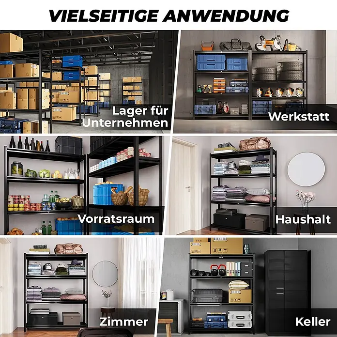 Allshelf Metallregal - H x B x T: 180 x 150 x 40 cm, Traglast pro Boden: 250 kg, Anzahl Böden: 4 Stk., Stecken, Schwarz - Schwarzmetall-Regal in Lager, Werkstatt und Zuhause, vielseitige Lagerlösung darstellend.