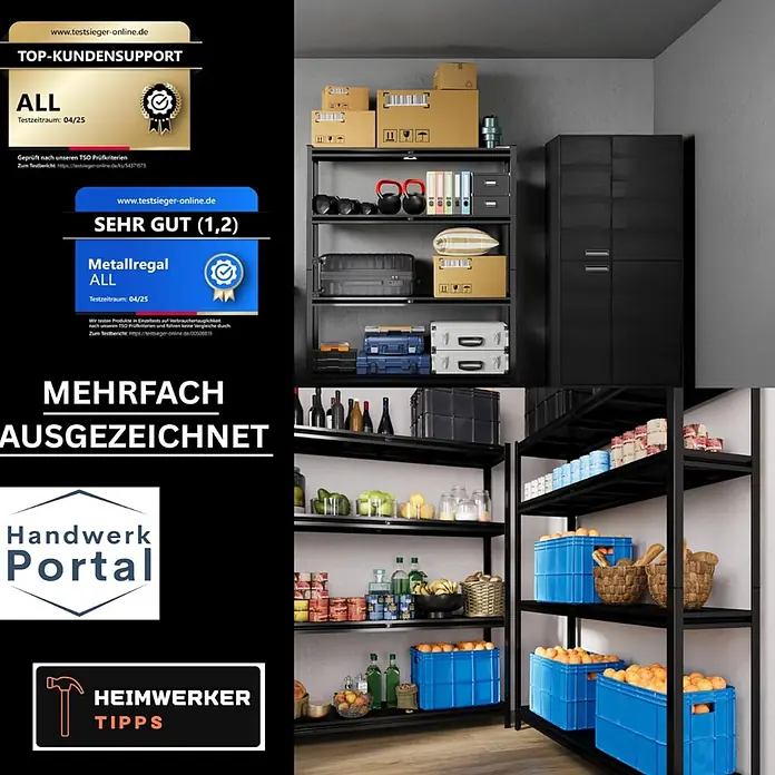 Allshelf Metallregal - H x B x T: 150 x 75 x 30 cm, Traglast pro Boden: 250 kg, Anzahl Böden: 4 Stk., Stecken, Schwarz - Schwarze Metallregale in einem Lagerraum, gefüllt mit Boxen, Werkzeugen und Lebensmitteln zur organisierten Aufbewahrung.