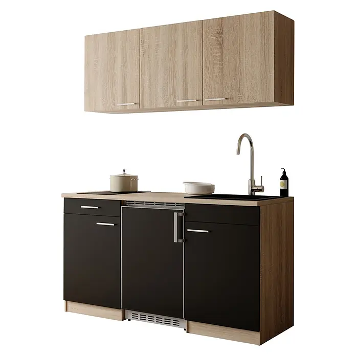 Respekta Miniküche Ingrid - Breite: 150 cm, Schwarz, Mit Kochfeld + Kühlschrank - Kompakte Küchenzeile mit hellen Holz-Oberschränken und schwarzen Unterschränken, Arbeitsplatte, Spüle, Kochfeld und integriertem Kühlschrank.