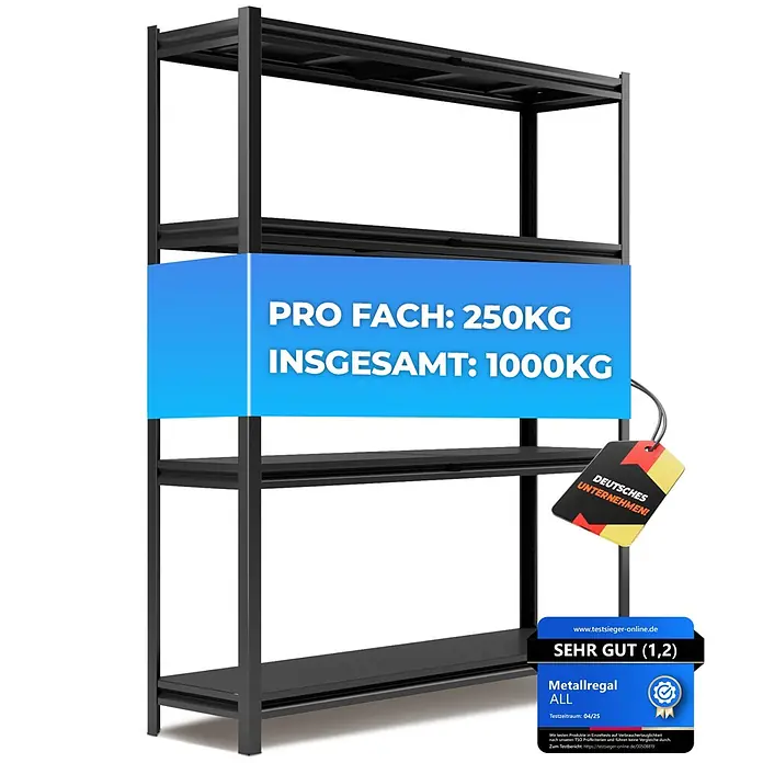 Allshelf Metallregal - H x B x T: 180 x 150 x 40 cm, Traglast pro Boden: 250 kg, Anzahl Böden: 4 Stk., Stecken, Schwarz - Schwerlast-Metallregal in Schwarz mit vier Böden, für hohe Belastung ausgelegt.