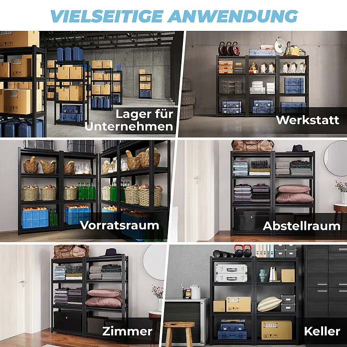 Allshelf Metallregal - H x B x T: 150 x 75 x 30 cm, Traglast pro Boden: 250 kg, Anzahl Böden: 4 Stk., Stecken, Schwarz - Schwarzes Metallregal für vielseitige Lagerung. Beispiele: Lager, Werkstatt, Vorratsraum, Abstellraum, Zimmer, Keller.