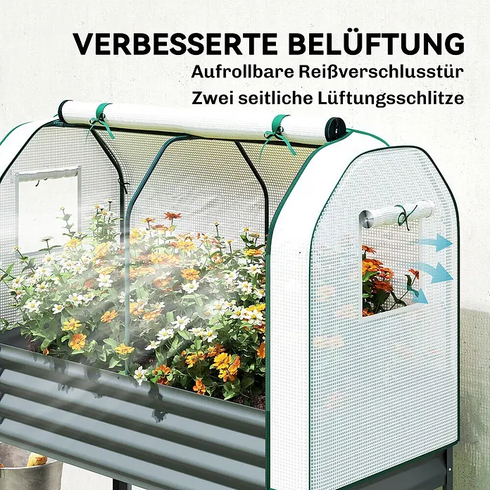 Outsunny Hochbeet Mit Frühbeetaufsatz - Metall, Dunkelgrau - Weißes Mini-Gewächshaus aus Netzstoff mit grünem Rand über einem Hochbeet mit Blumen, mit Rolltür und Seitenbelüftung.